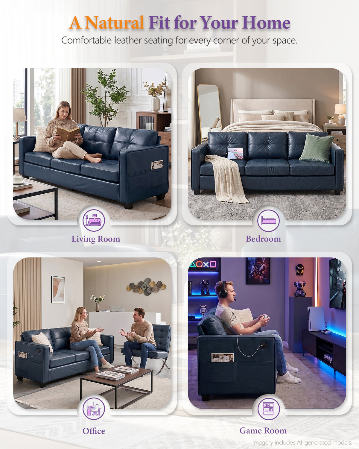 Faux Leather Blue Couch with USB, 3-Seater Sofa for Living Room