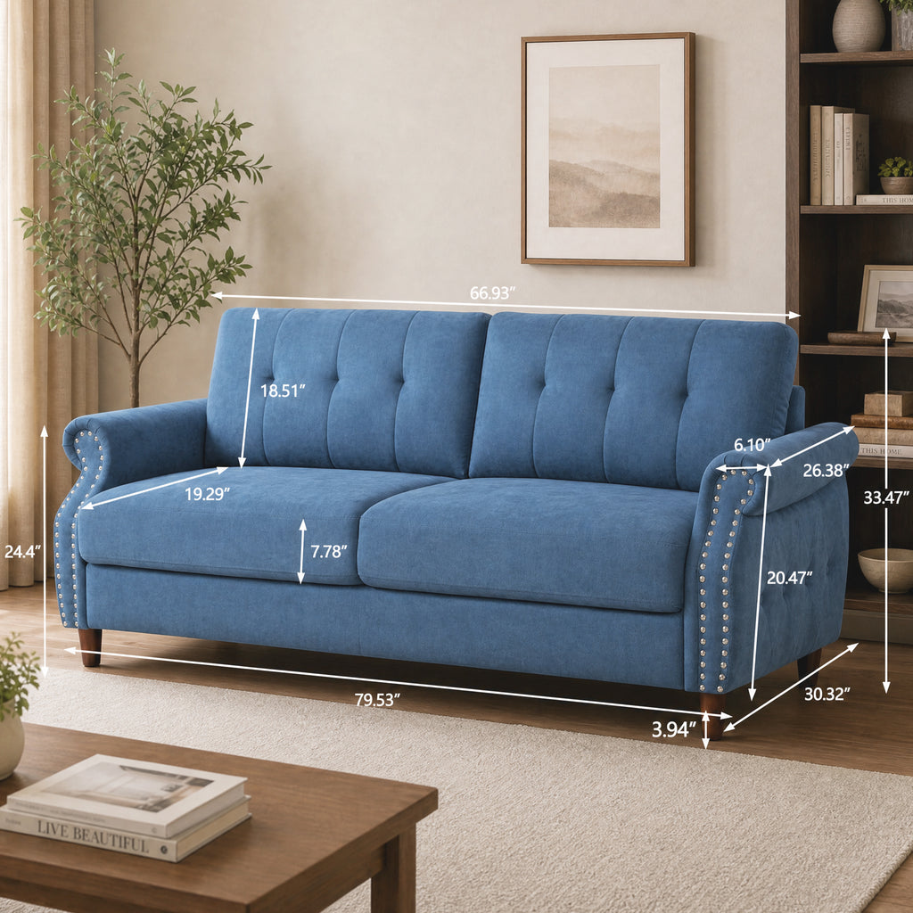 Fully Assembled Loveseat Sofa with Rivets, Wood Legs, Living Room (Blue) | 2 seater love seat sofa, rivet arm design, solid wood legs, wooden frame, small couch for living room apartment bedroom, blue