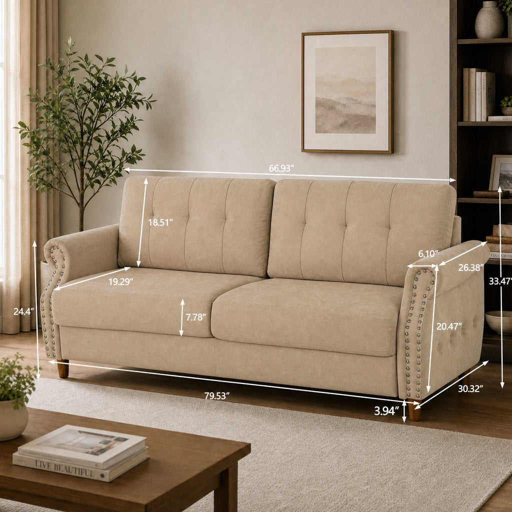Fully Assembled Loveseat Sofa with Rivets, Wood Legs, Living Room (Khaki) | 2 seater love seat sofa, rivet arm design, solid wood legs, wood frame, small couch for living room apartment bedroom, khaki