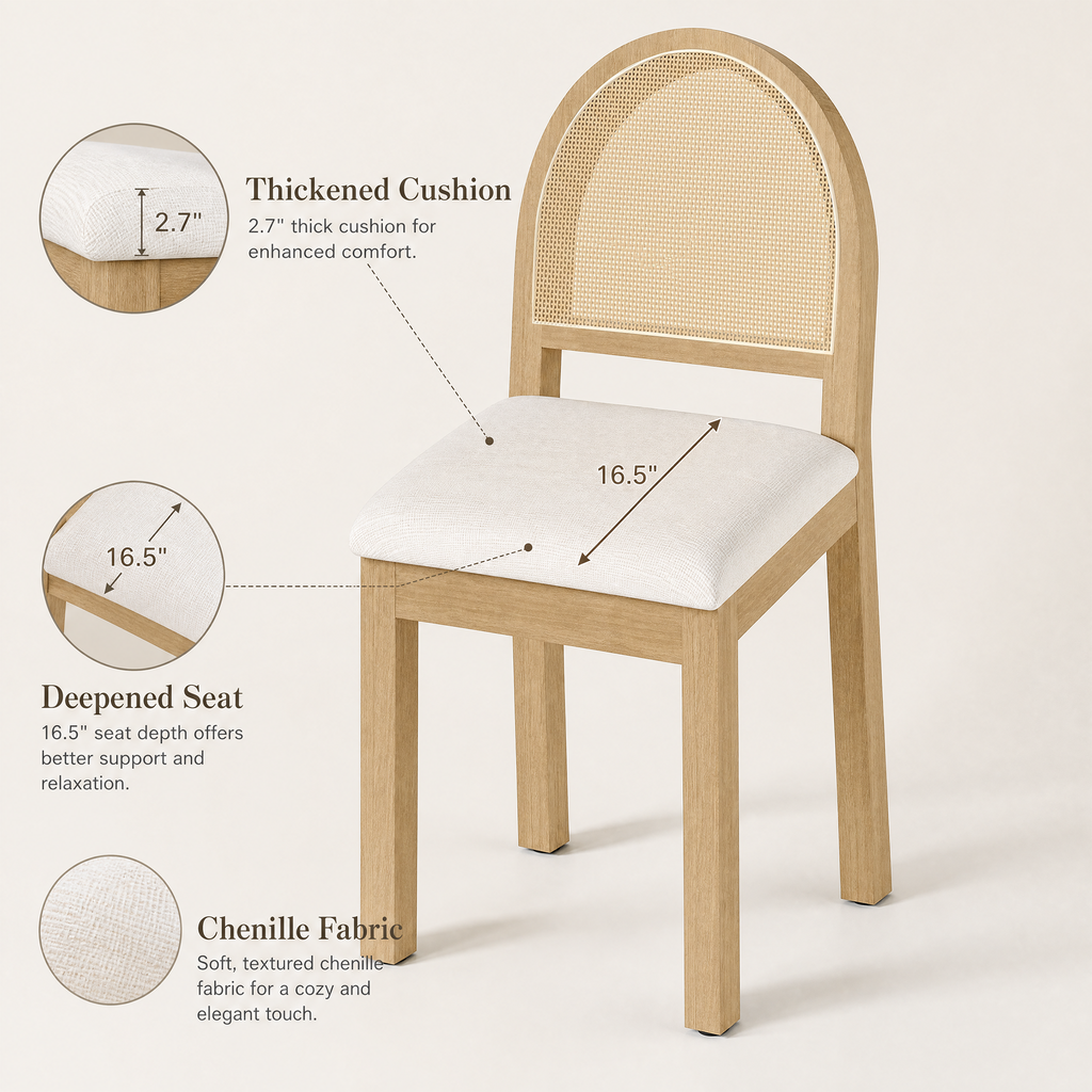 JIASTING JIASTING Upholstered Rattan Dining Chairs Set of 6, Farmhouse Modern Kitchen Chairs