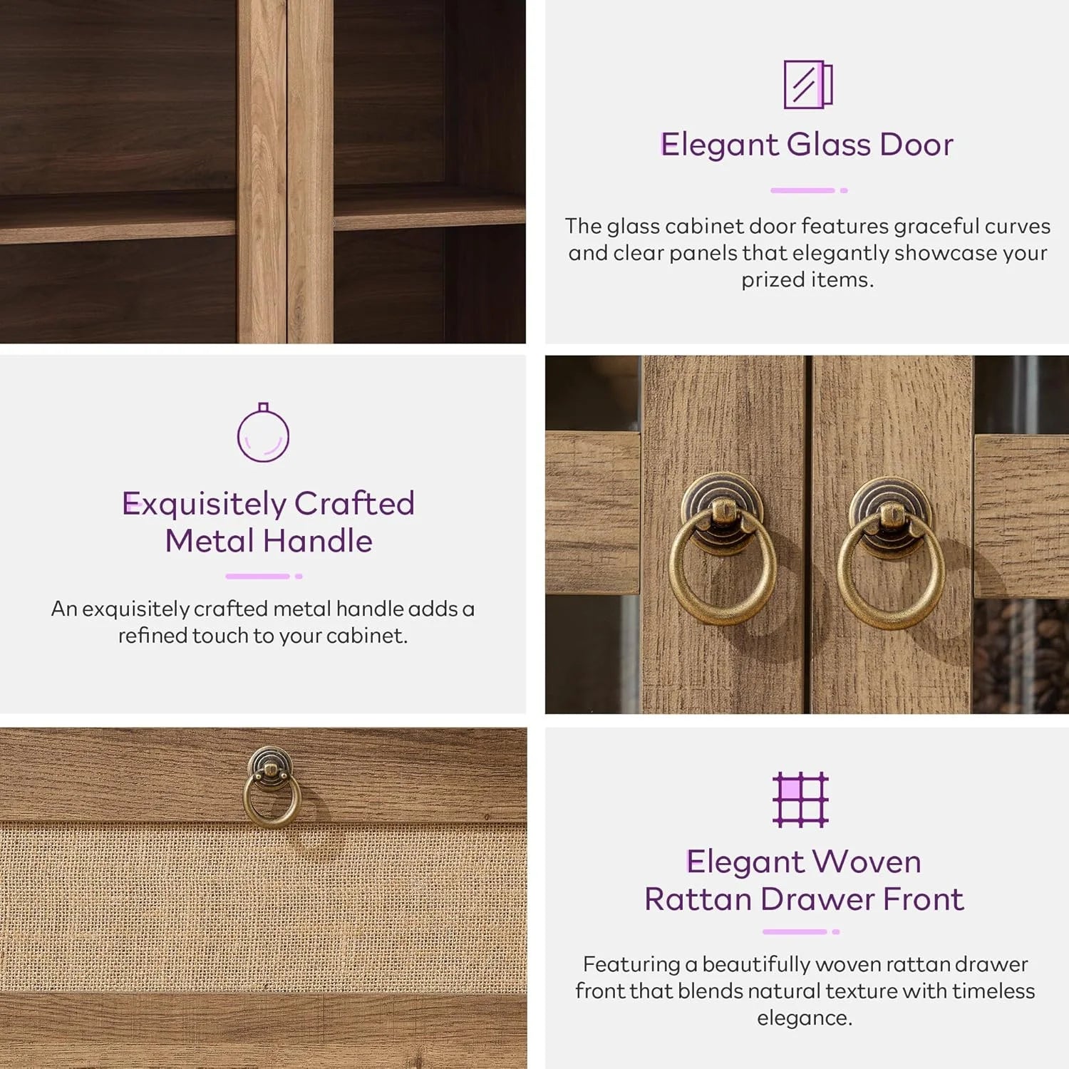 LAZZO 71" Tall Arched Pantry Cabinet with Glass Door & Drawer, Storage Cupboard with Anti-Tipping Device, Natural Wood Color