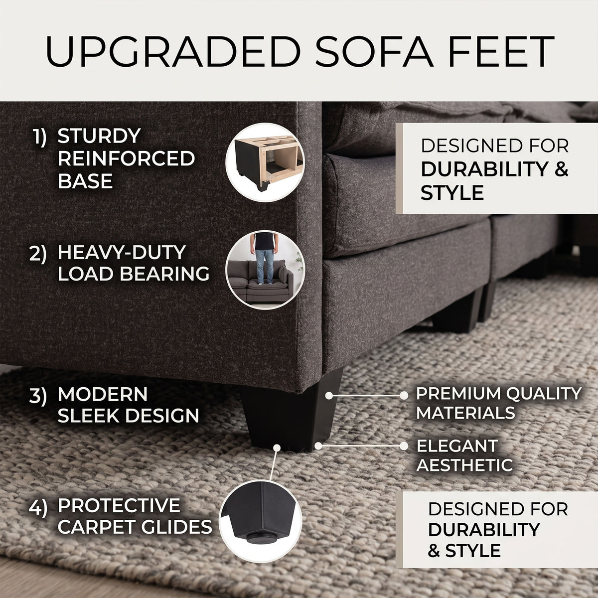 Modular Sofa, 3 Seater Couch with Ottoman, Gray Deep Seat Sofa Comfy Sectional Couch, Flexible 4-Piece Design, Soft Fabric Upholstery, Sturdy Legs for Apartment, Bedroom and Living Room