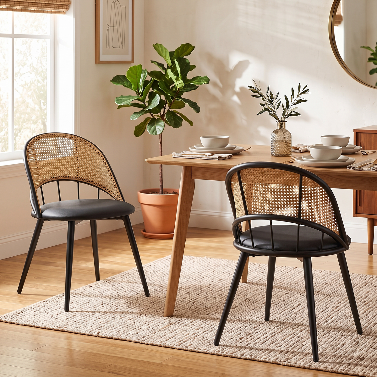 Rattan Dining Chairs Set of 4 with Upholstered Seat for Kitchen, Black