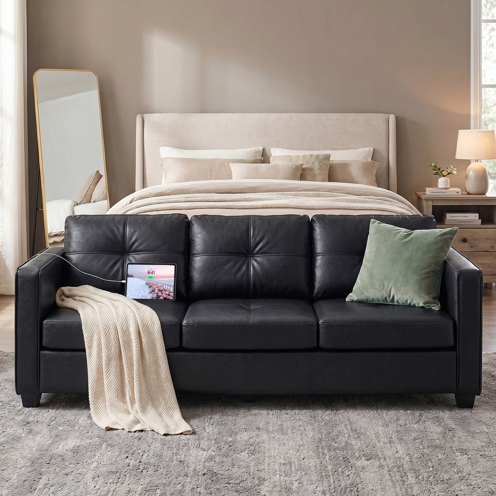 88'' Black Faux Leather Couch with USB, 3-Seater