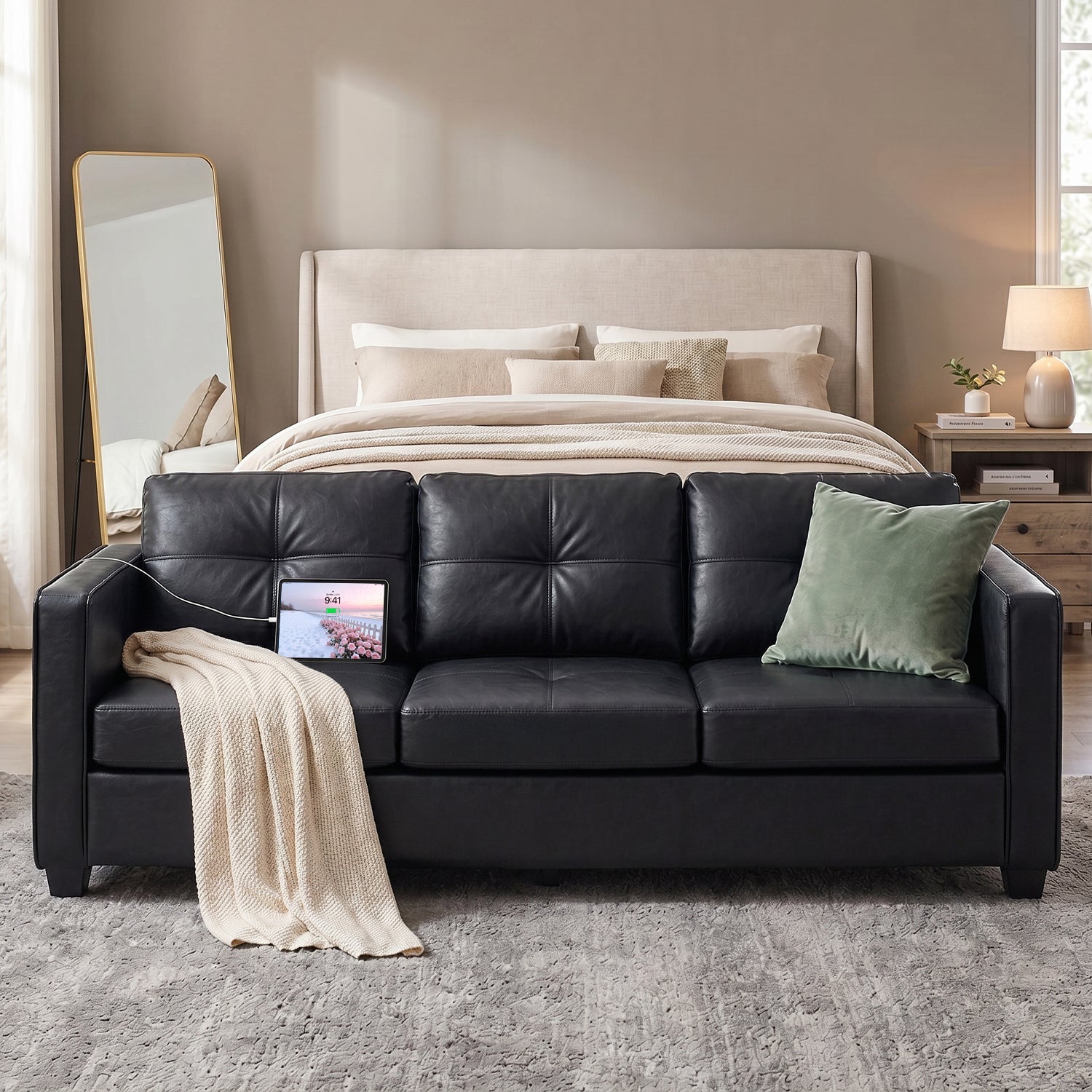 88'' Black Faux Leather Couch with USB, 3-Seater