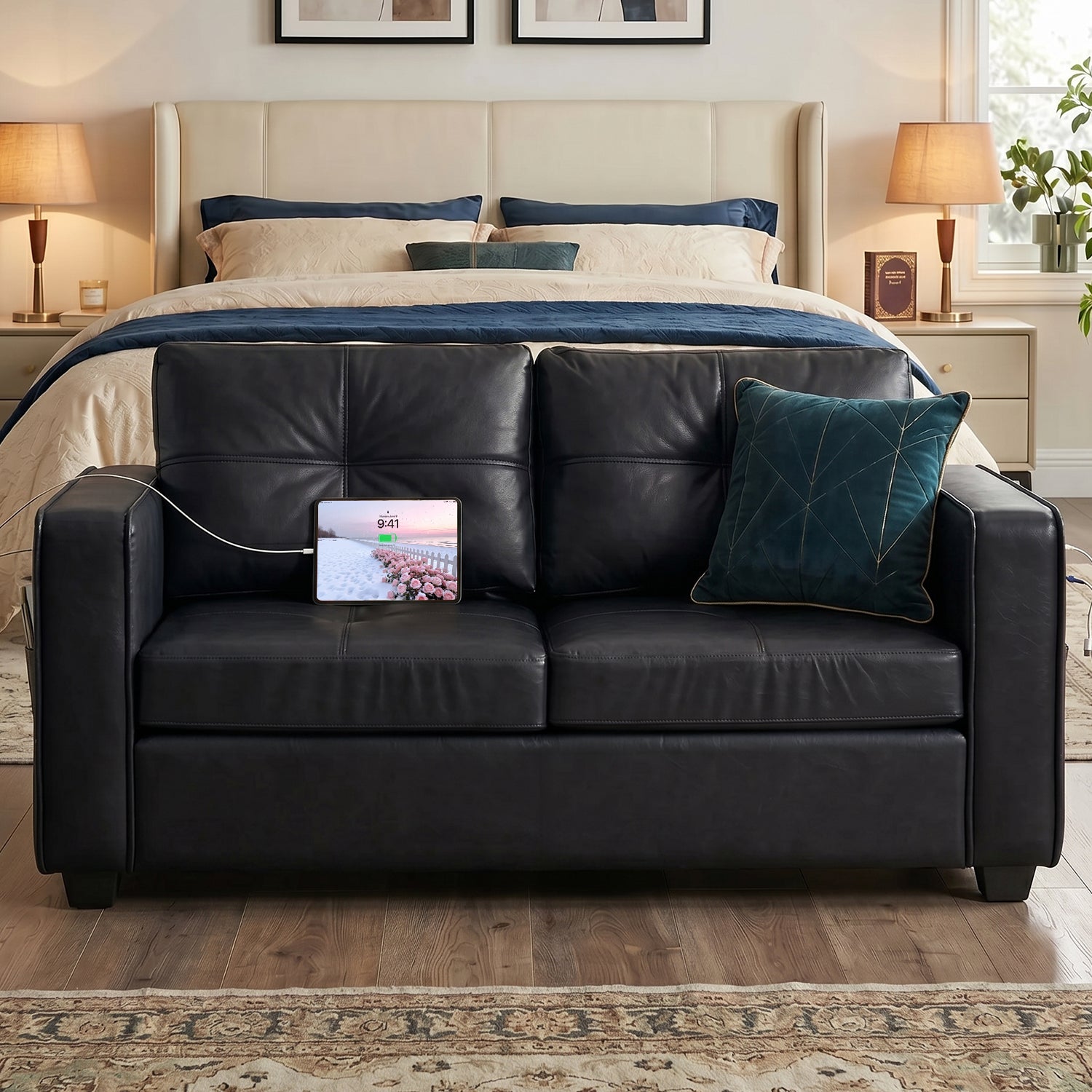 65'' Black Faux Leather Loveseat with USB, 2-Seater Living Room