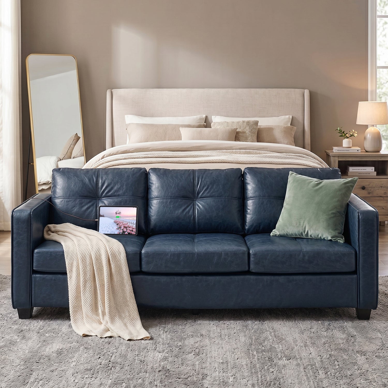 Faux Leather Blue Couch with USB, 3-Seater Sofa for Living Room