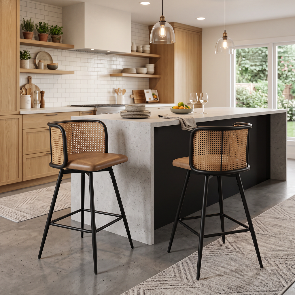 26" Rattan Counter Bar Stools Set of 2, Brown Faux Leather Seat