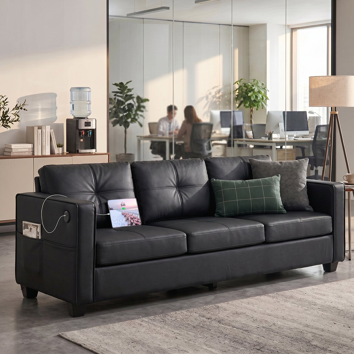 88'' Black Faux Leather Couch with USB, 3-Seater