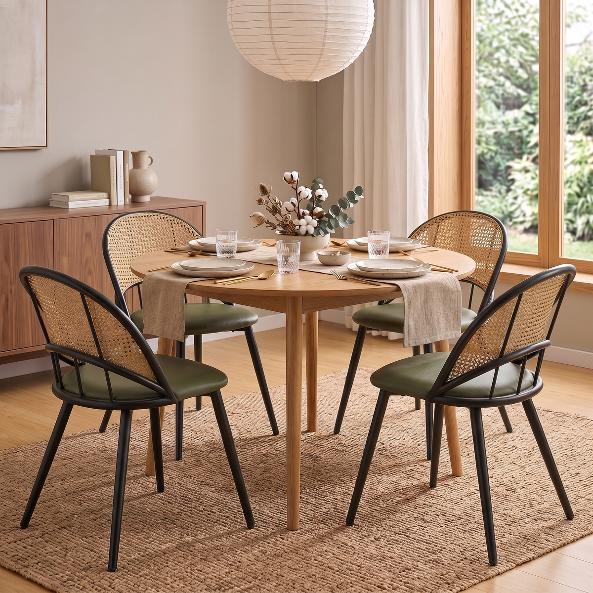 Rattan Dining Chairs Set of 4 with Upholstered Seat for Kitchen, Green