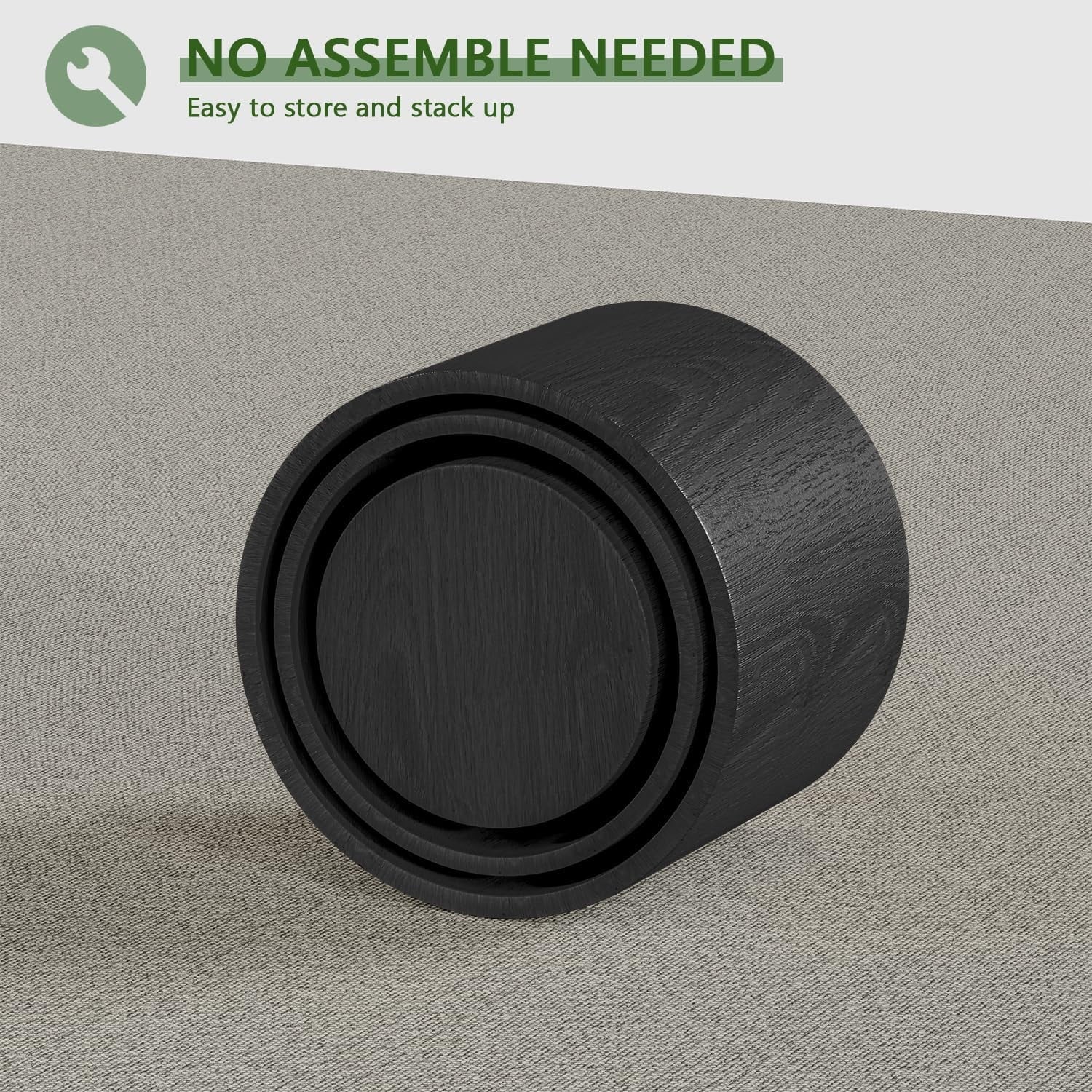 LAZZO Nesting Round Coffee Table Set of 3, Modern Wooden Accent Side Table, Space-Saving Table for Living Room Bedroom, Black