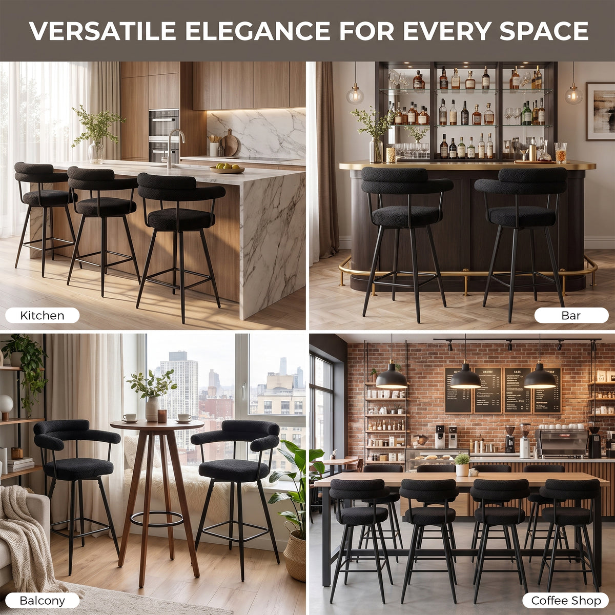 JIASTING Black Swivel Barstool Set 4, 26" Counter Height Stool Backs Kitchen Island