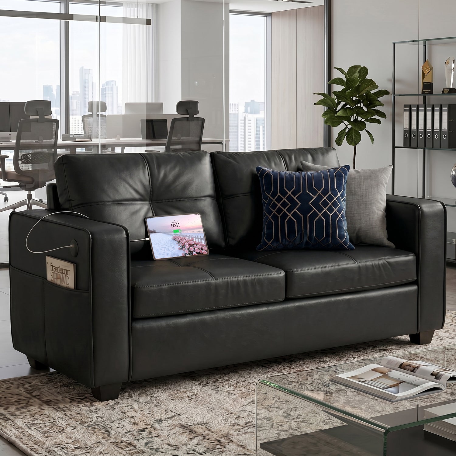 65'' Black Faux Leather Loveseat with USB, 2-Seater Living Room