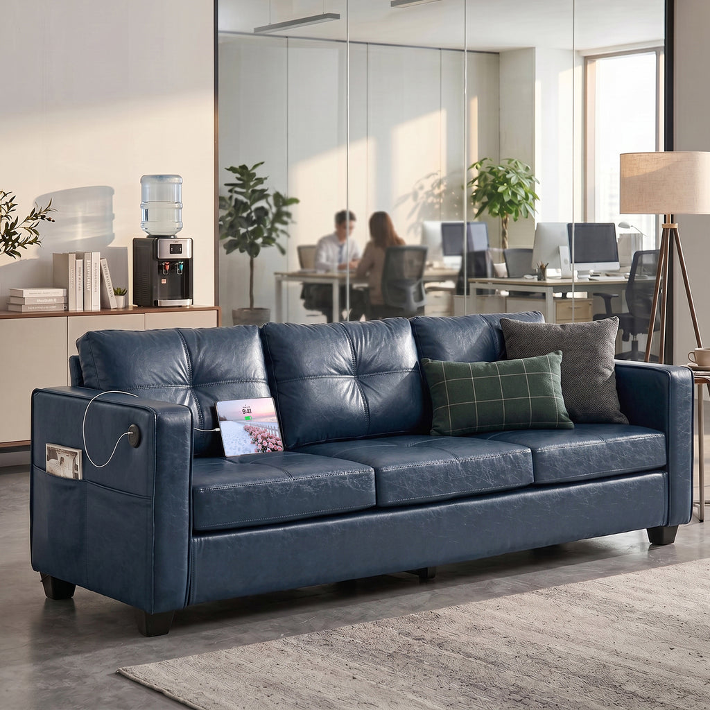 Faux Leather Blue Couch with USB, 3-Seater Sofa for Living Room