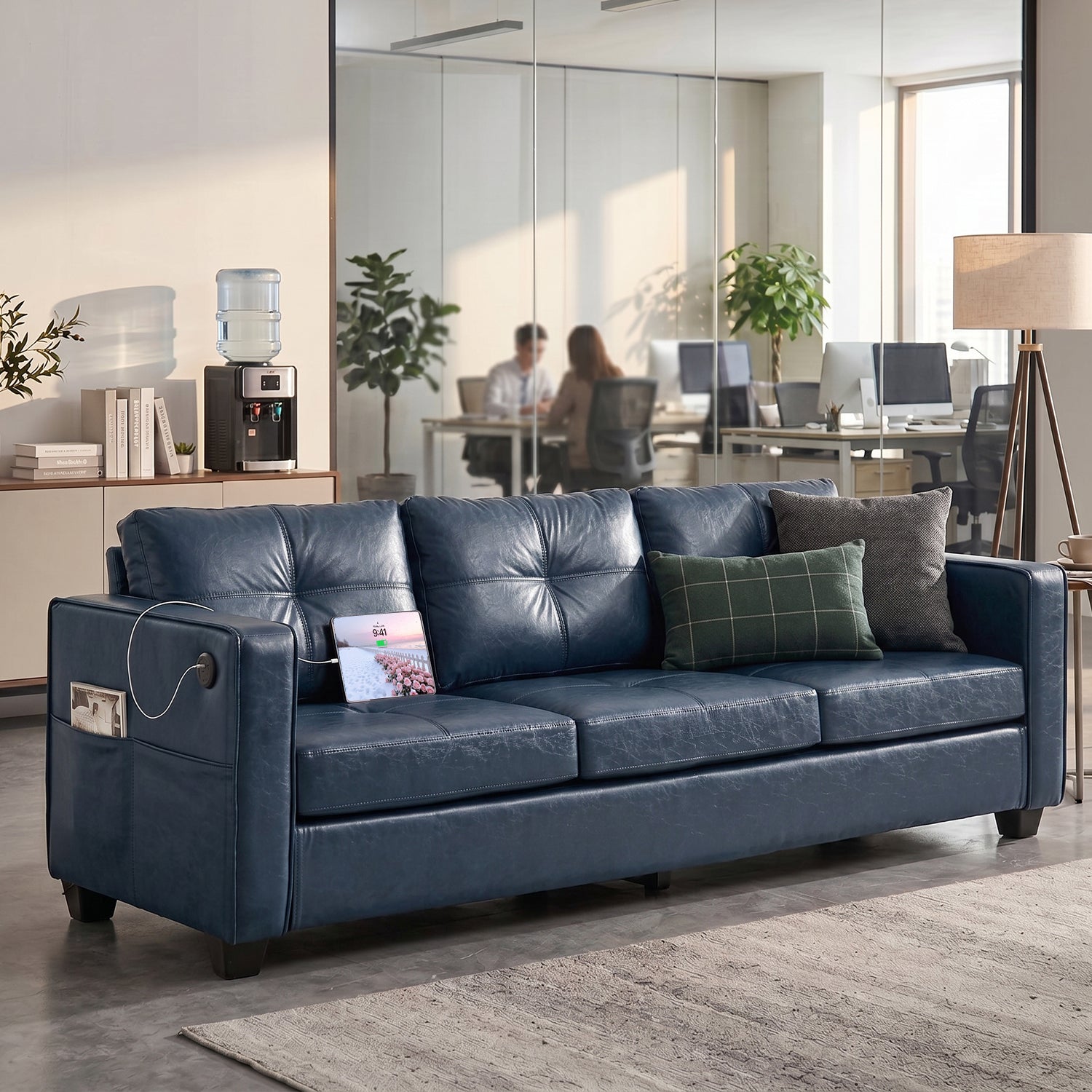 Faux Leather Blue Couch with USB, 3-Seater Sofa for Living Room