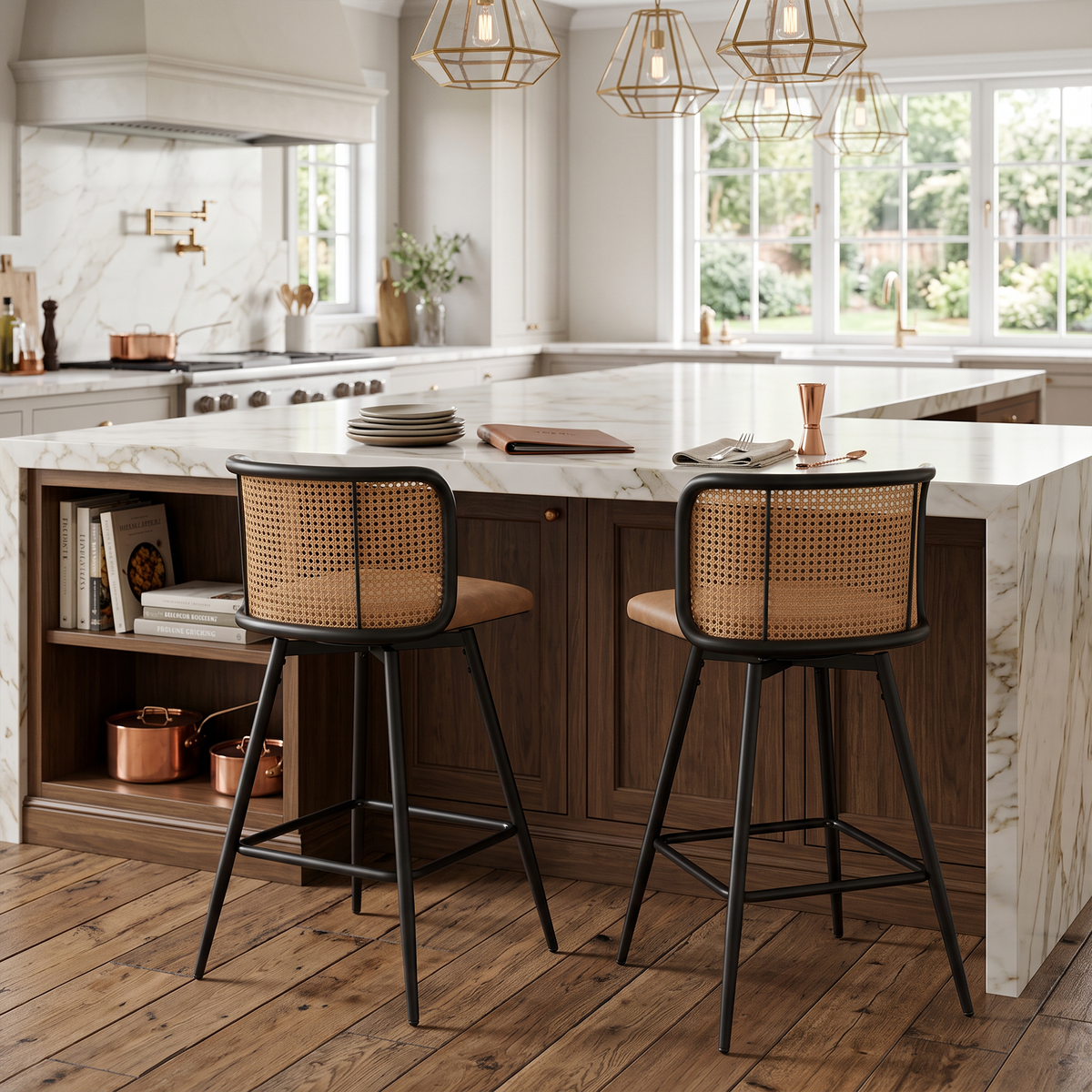 26" Rattan Counter Bar Stools Set of 2, Brown Faux Leather Seat