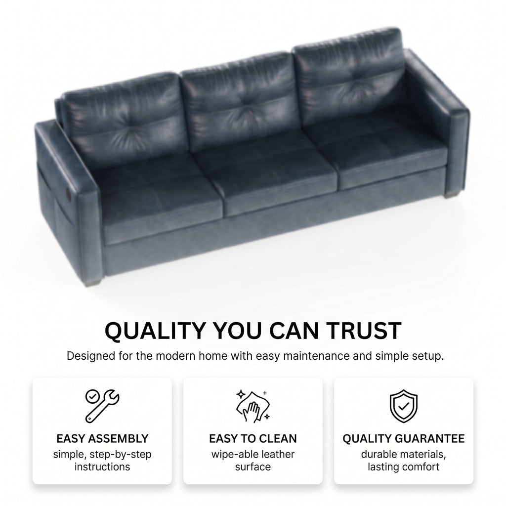 CHYMSUN 88" Faux Leather Couch w/USB Charging, 3-Seater Leather Living Room Sofa | Mid-Century Modern Leather Couch, Living Room Couch, Tufted Design, Wide Armrests, Side Storage Pockets, Office, Dorm, Blue