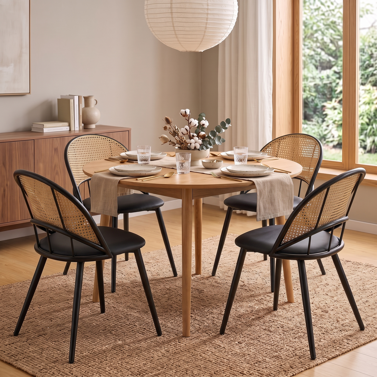 Rattan Dining Chairs Set of 4 with Upholstered Seat for Kitchen, Black