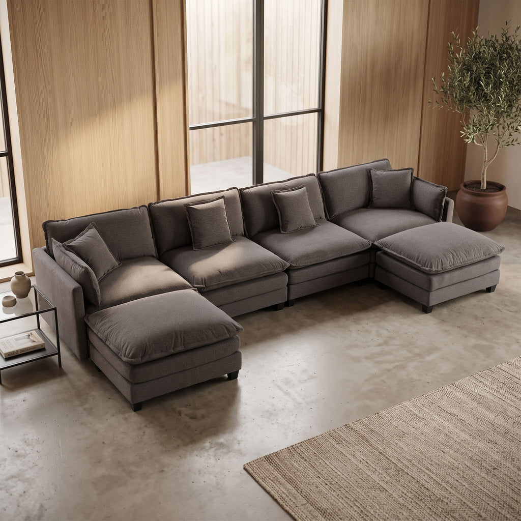 Modular Sectional Sofa, 4 Seater Couch with 2 Ottomans, Gray Deep Seat Sofa