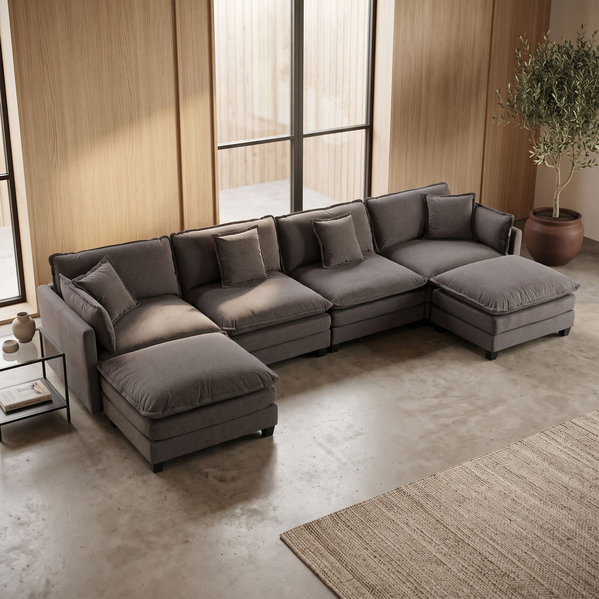 Modular Sectional Sofa, 4 Seater Couch with 2 Ottomans, Gray Deep Seat Sofa