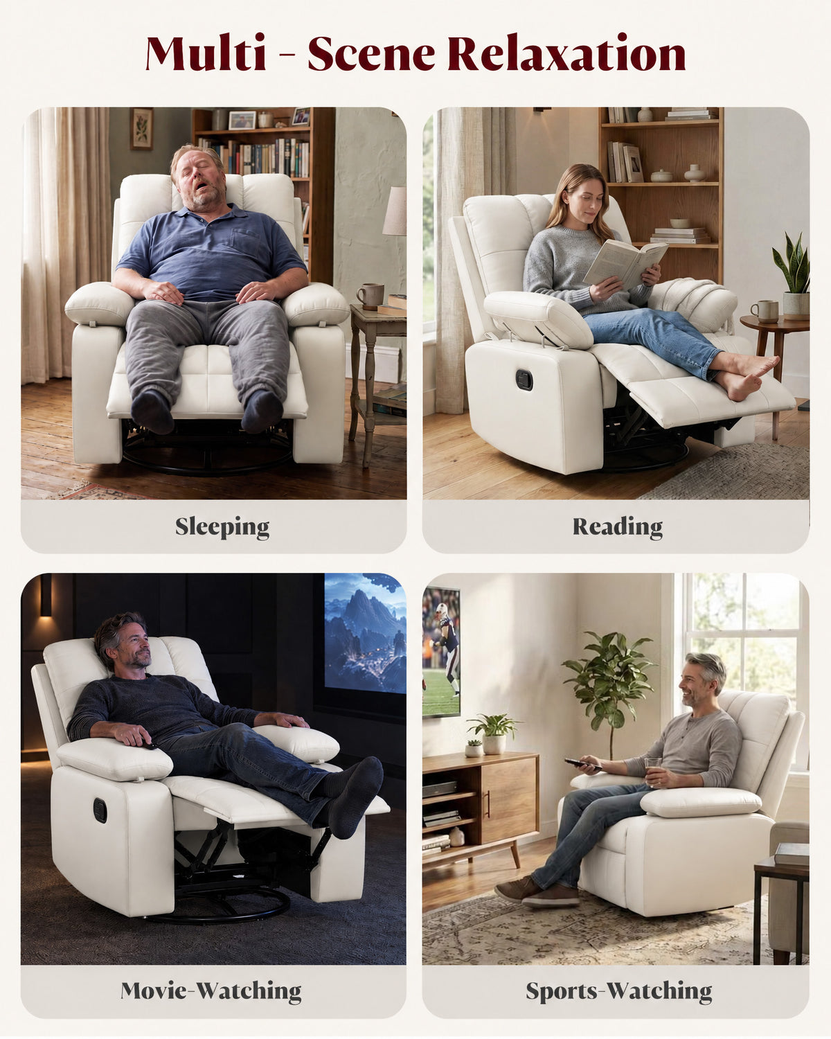 HOPUBUY Manual Nursery Rocking Recliner with Adjustable Armrests, White 360° Swivel Glider, 0–90° Foldable Armrests, Built-in Footrest, Modern 135° Reclining Chair for Nursing Breastfeeding Bedroom