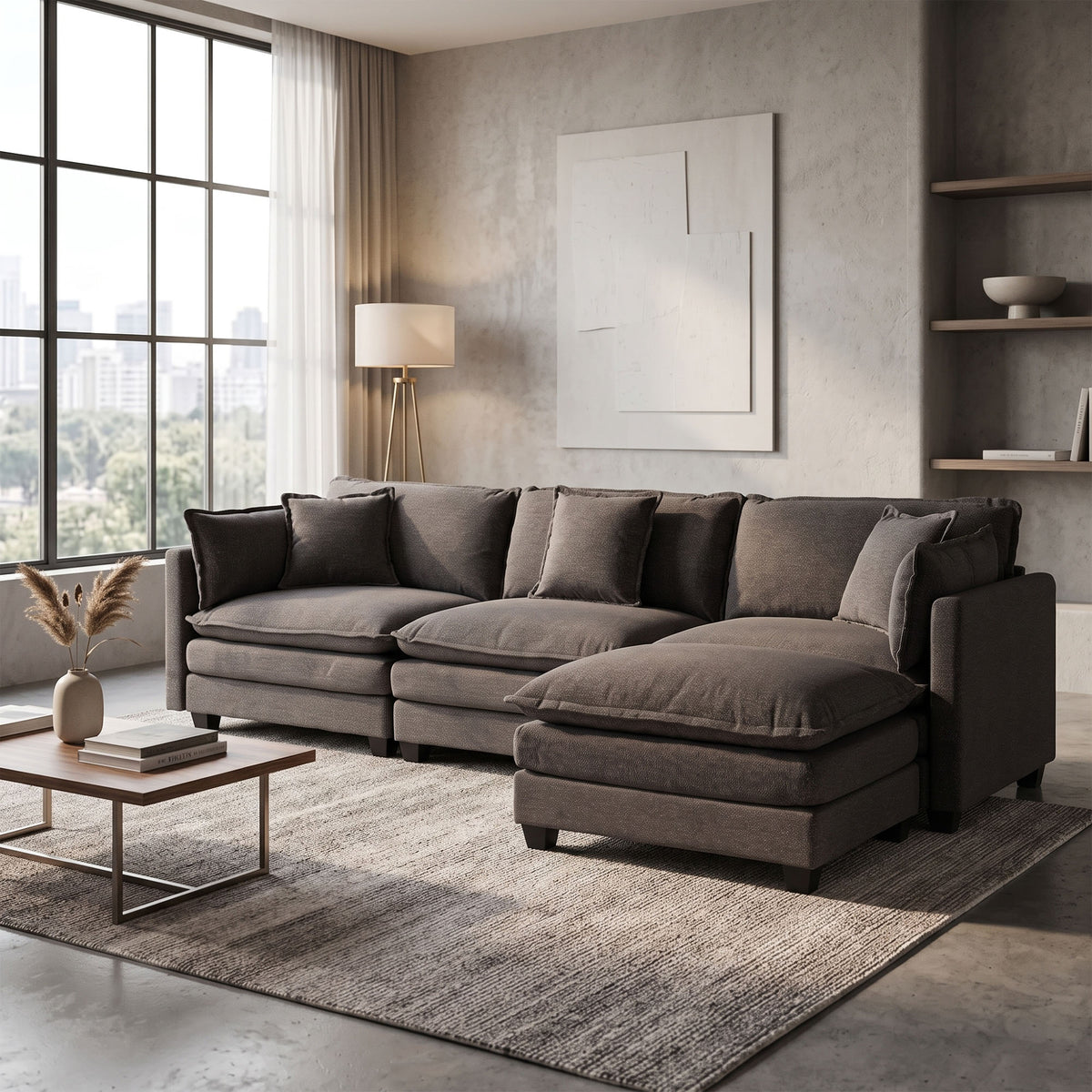 Modular Sofa, 3 Seater Couch with Ottoman, Gray Deep Seat Sofa Comfy Sectional Couch, Flexible 4-Piece Design, Soft Fabric Upholstery, Sturdy Legs for Apartment, Bedroom and Living Room