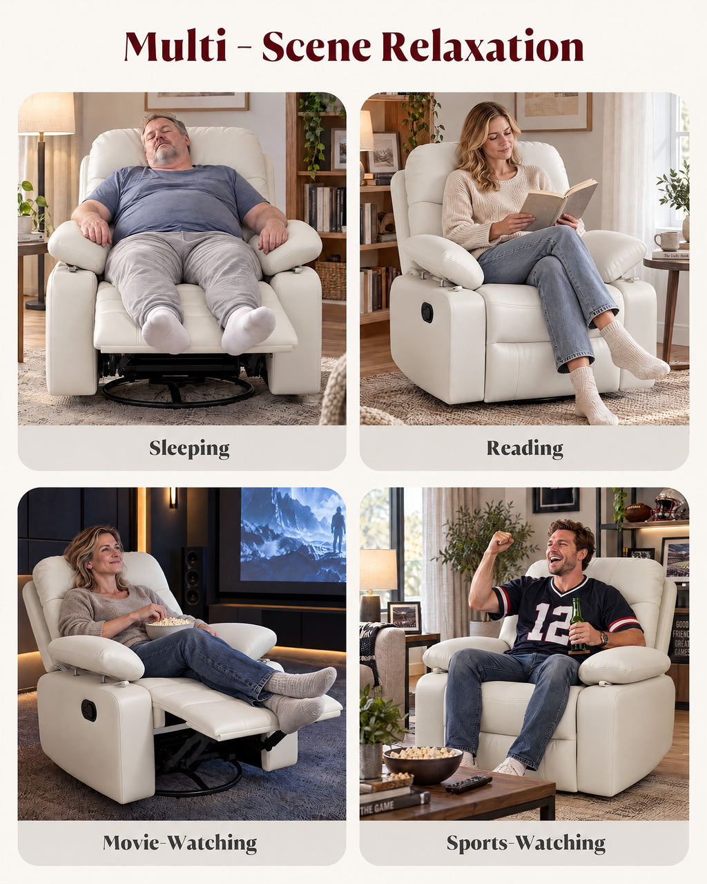 HOPUBUY Manual Rocking Chair Nursery w/Adjustable Armrests 360° Swivel Glider, Modern 135° Reclining Chair for Nursing Breastfeeding Bedroom,0–90° Foldable Armrests, Built-in Footrest