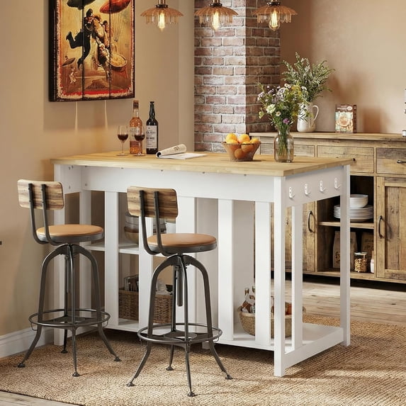 LAZZO 47.2" Farmhouse Kitchen Island with Storage, Fridge Space and Power Outlets for Small Spaces, White