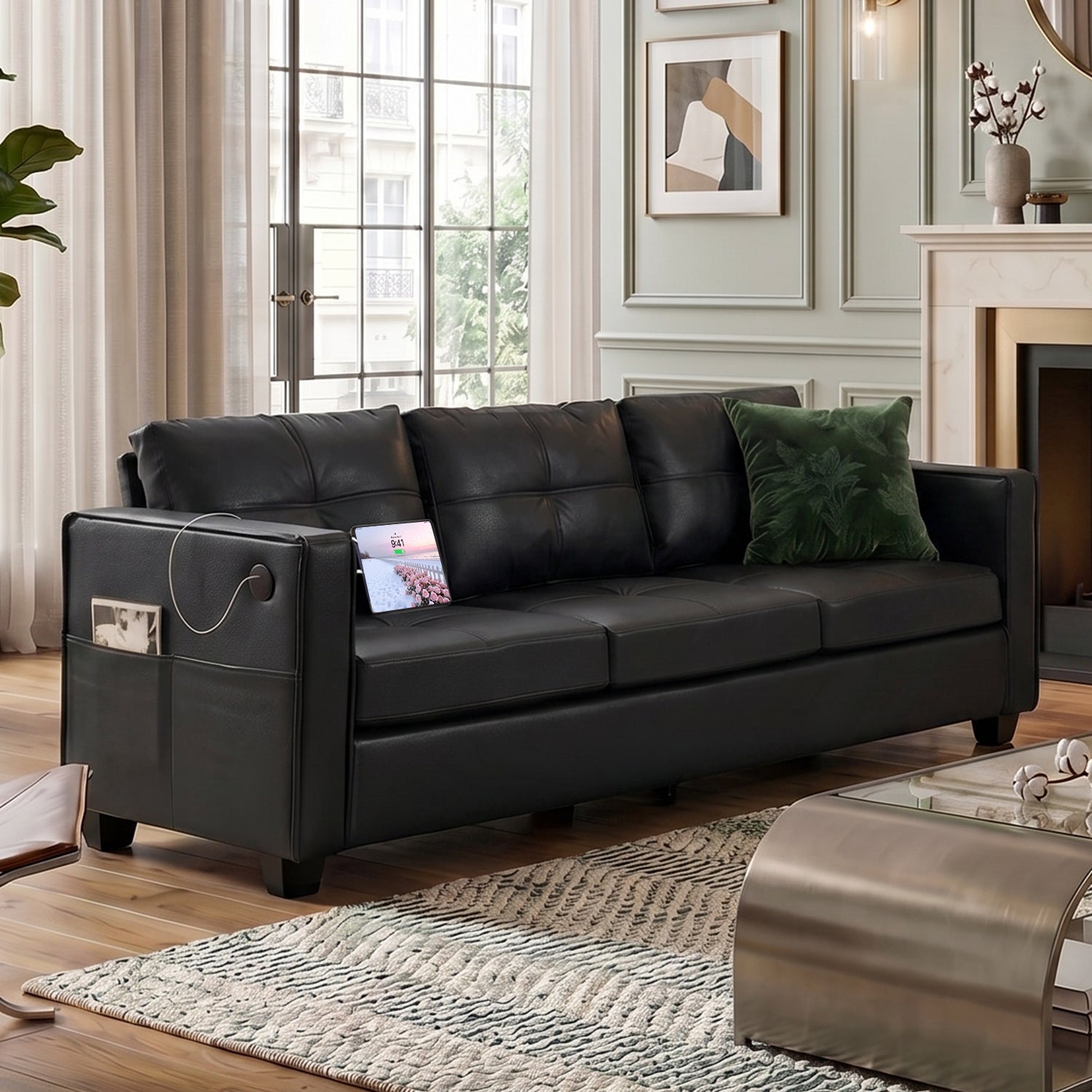 88'' Black Faux Leather Couch with USB, 3-Seater