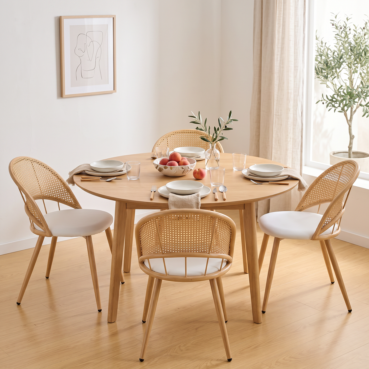 Rattan Dining Chairs Set of 4 with Upholstered Seat for Kitchen, White