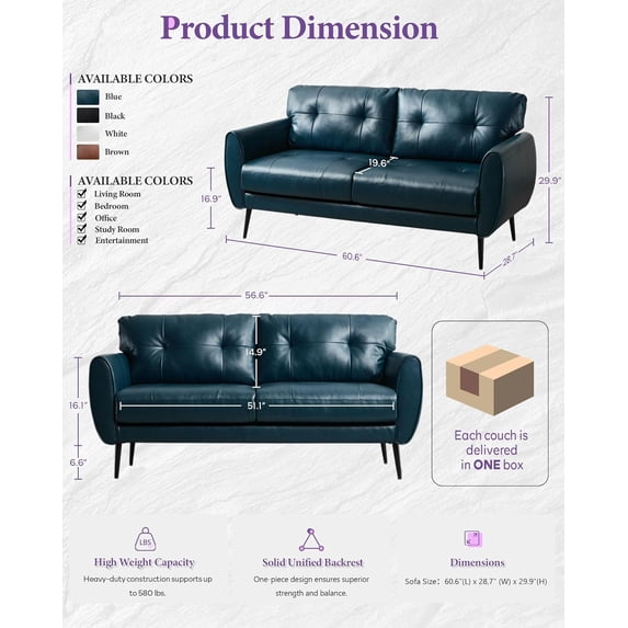 LAZZO 61“ Loveseat Sofa, Tufted Faux Leather 2-Seater Couch for Small Spaces, Blue