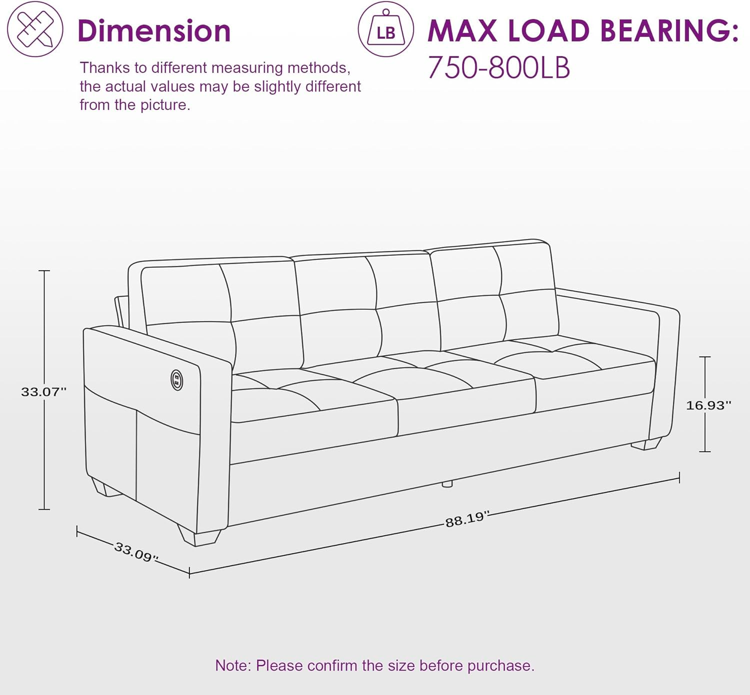 TYBOATLE 88" 3 Seater Linen Fabric Sofa Couch w/2 USB, Comfy Mid-Century Upholstered 3 Seater Couch, 3 Seat Sofa w/Wide Arms for Living Room, Bedroom, Office, Apartment