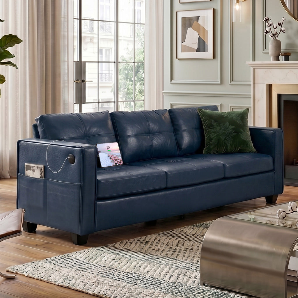 Faux Leather Blue Couch with USB, 3-Seater Sofa for Living Room