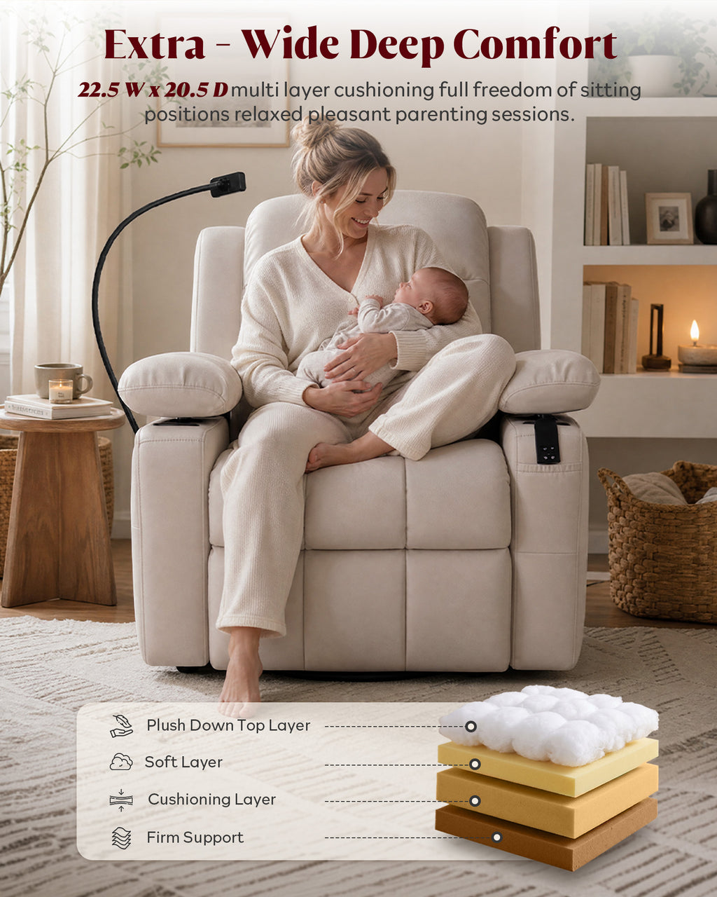 HOPUBUY Power Swivel Recliner Chair w/ Motorized Adjustable Armrests, Nursery Rocking, 320° Swivel M1 M2 Memory Remote Nursing Glider w/ Storage Pockets Cup Holder & Phone Holder for Breastfeeding