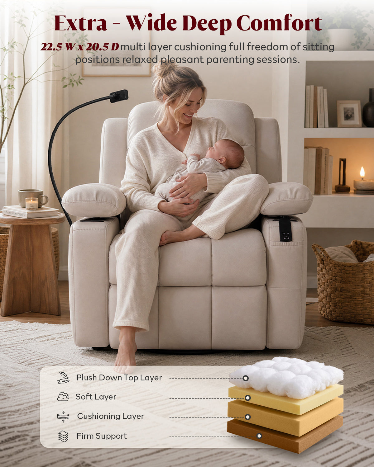 HOPUBUY Power Swivel Recliner Chair w/ Motorized Adjustable Armrests, Nursery Rocking, 320° Swivel M1 M2 Memory Remote Nursing Glider w/ Storage Pockets Cup Holder & Phone Holder for Breastfeeding