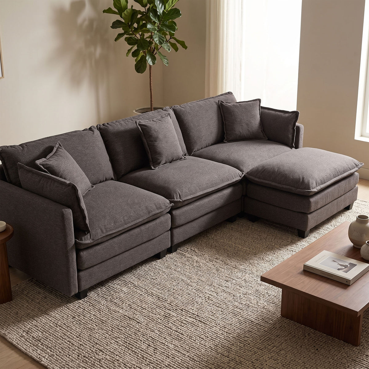 Modular Sofa, 3 Seater Couch with Ottoman, Gray Deep Seat Sofa Comfy Sectional Couch, Flexible 4-Piece Design, Soft Fabric Upholstery, Sturdy Legs for Apartment, Bedroom and Living Room