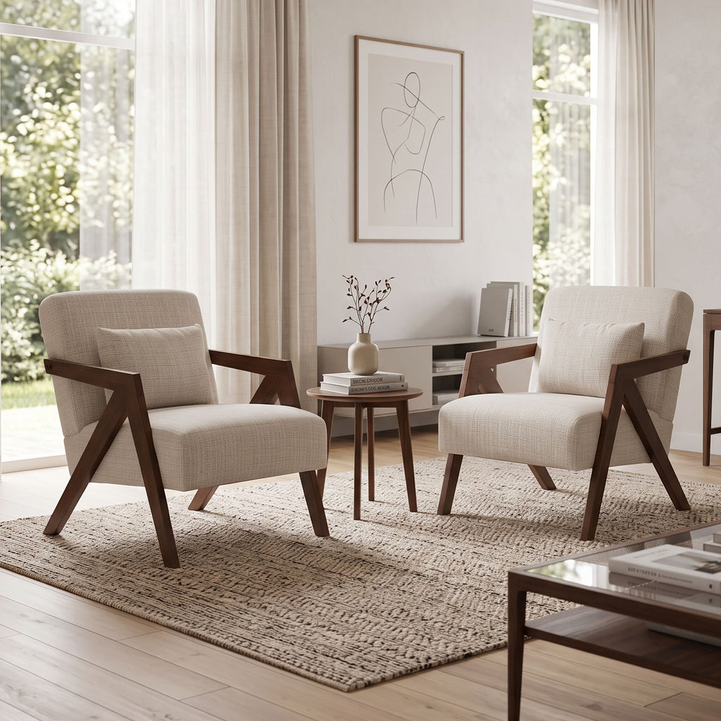 JIASTING Mid Century Modern Accent Chairs Set of 2, Upholstered Wooden Chair (Beige)