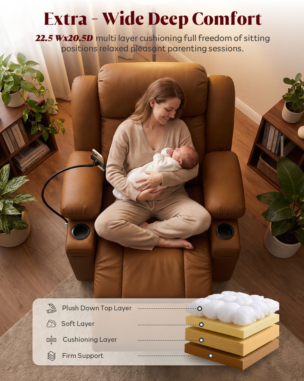 HOPUBUY Power Swivel Recliner Chair w/ Motorized Adjustable Armrests, Nursery Rocking,Brown,320°Swivel M1 M2 Memory Remote Nursing Glider w/ Storage Pockets Cup Phone Holder for Breastfeeding