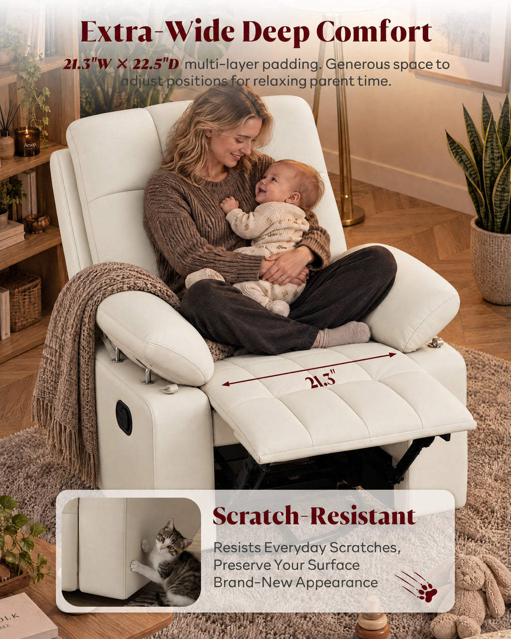 HOPUBUY Manual Nursery Rocking Recliner with Adjustable Armrests, White 360° Swivel Glider, 0–90° Foldable Armrests, Built-in Footrest, Modern 135° Reclining Chair for Nursing Breastfeeding Bedroom