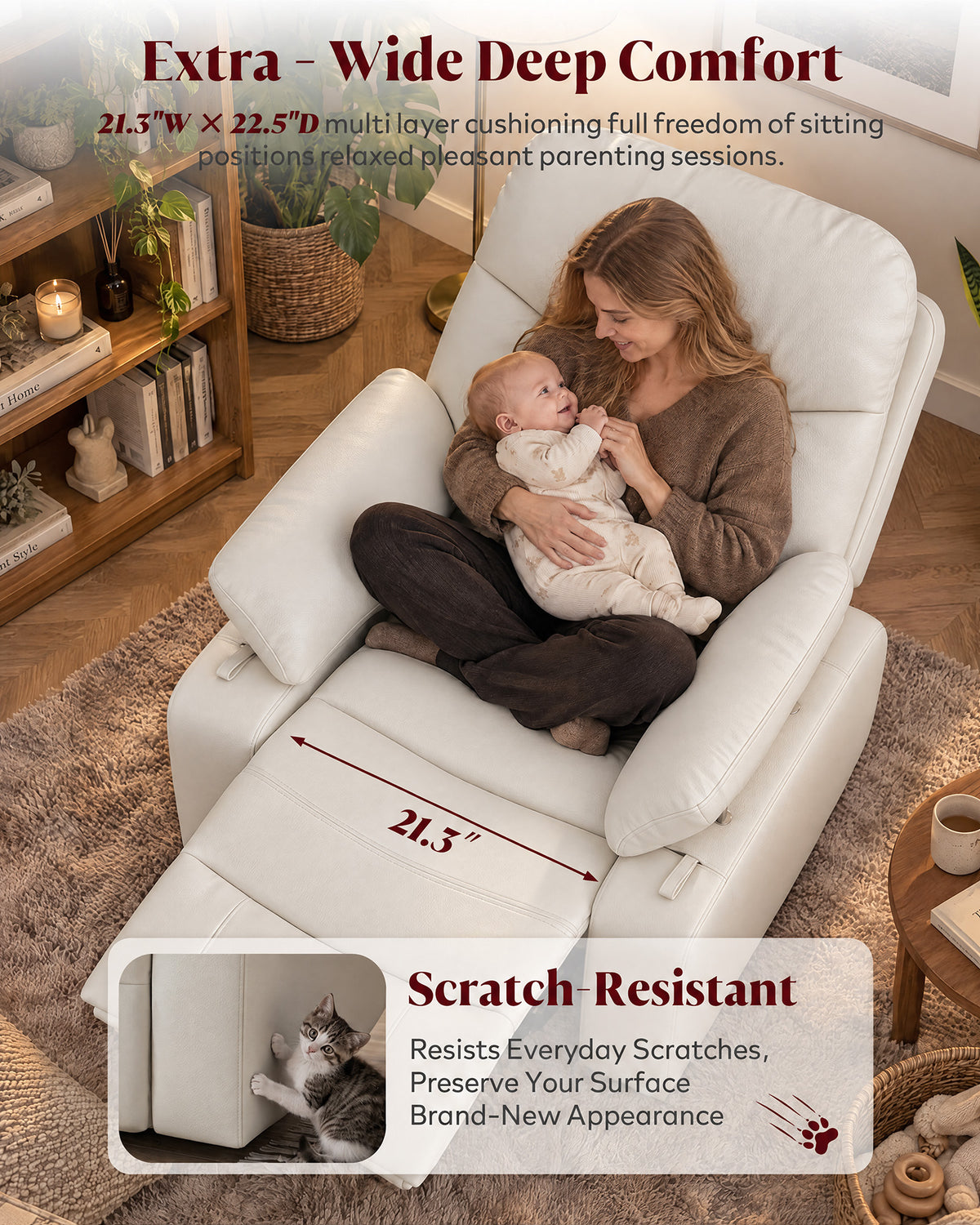 HOPUBUY Manual Rocking Chair Nursery w/Adjustable Armrests 360° Swivel Glider, Modern 135° Reclining Chair for Nursing Breastfeeding Bedroom,0–90° Foldable Armrests, Built-in Footrest