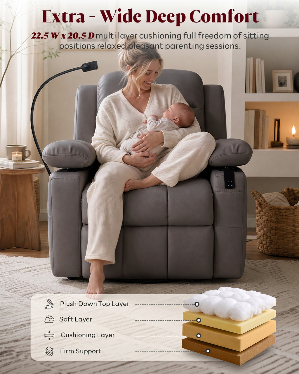 HOPUBUY Power Rocking Recliner Nursery w/Motorized Adjustable Armrests Grey,320° Swivel M1 M2 Memory Remote Nursing Glider w/ Storage Pockets Cup Holder & Phone Holder for Breastfeeding