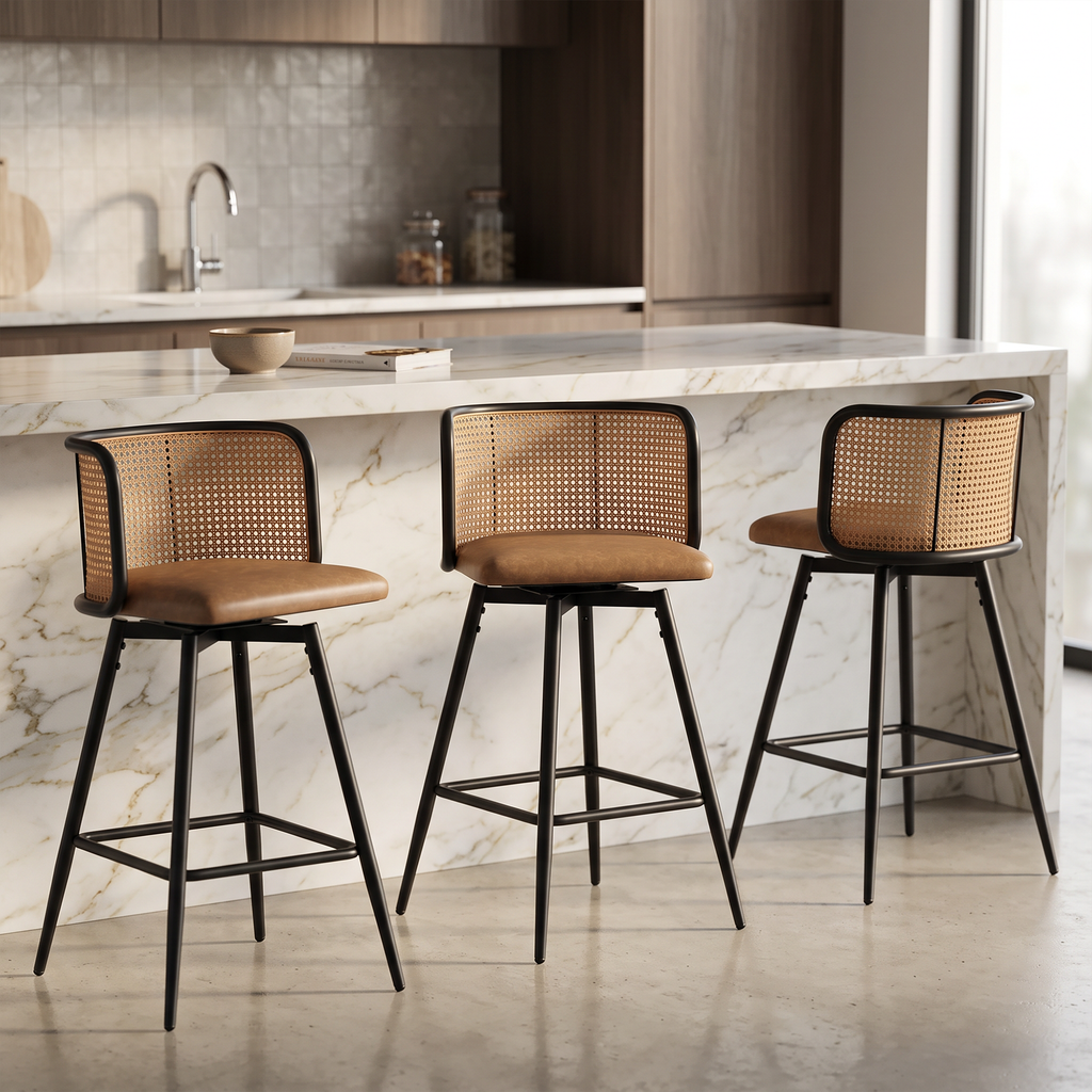 26" Rattan Counter Bar Stools Set of 2, Brown Faux Leather Seat