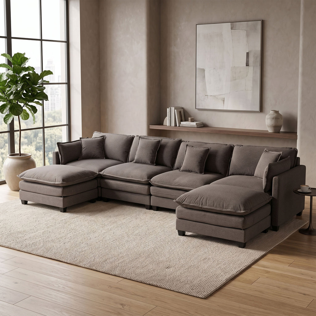Modular Sectional Sofa, 4 Seater Couch with 2 Ottomans, Gray Deep Seat Sofa