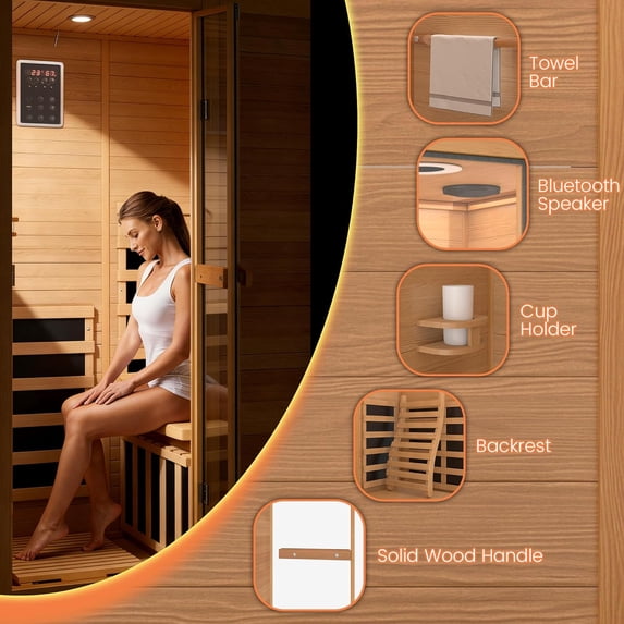 LAZZO 1-Person Infrared Sauna, Full Spectrum Indoor Dry Sauna with Carbon Heaters, Red Light, Bluetooth and 8-Color Chromotherapy, 950W 110V