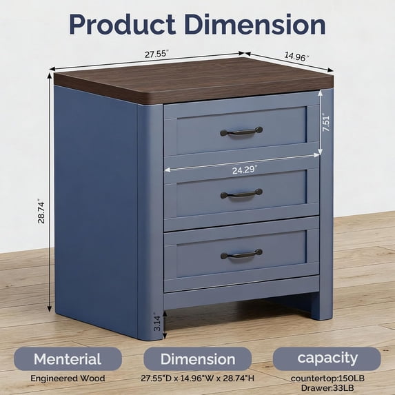 LAZZO Nightstand Set of 2, Farmhouse Wooden Bedside Table with 3 Drawers, Storage End Side Table for Bedroom, Blue