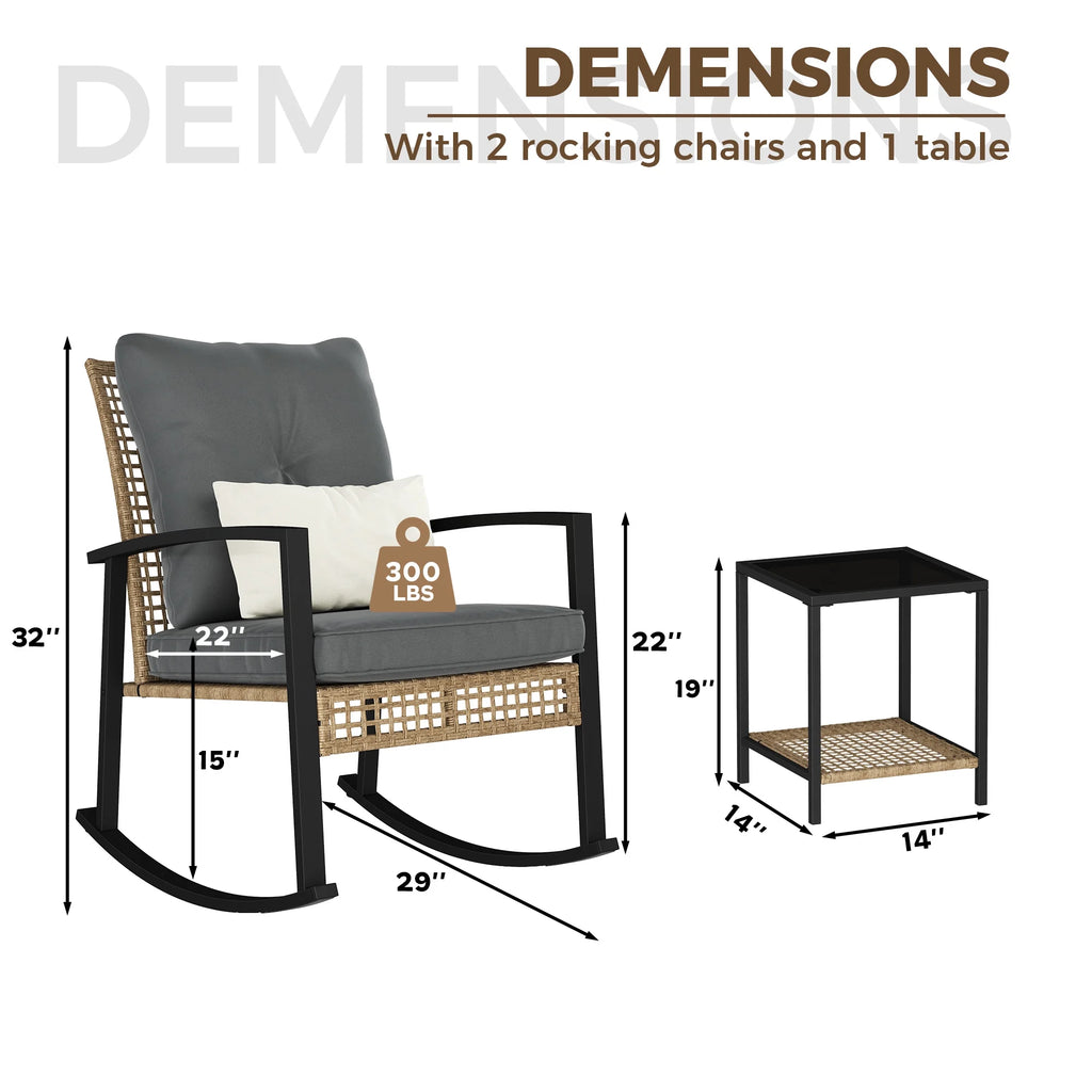 LAZZO 3 Pieces Patio Outdoor Conversation Set with Lumbar Pillows and Coffee Table, PE Wicker Rocking Chairs with Gray Cushions