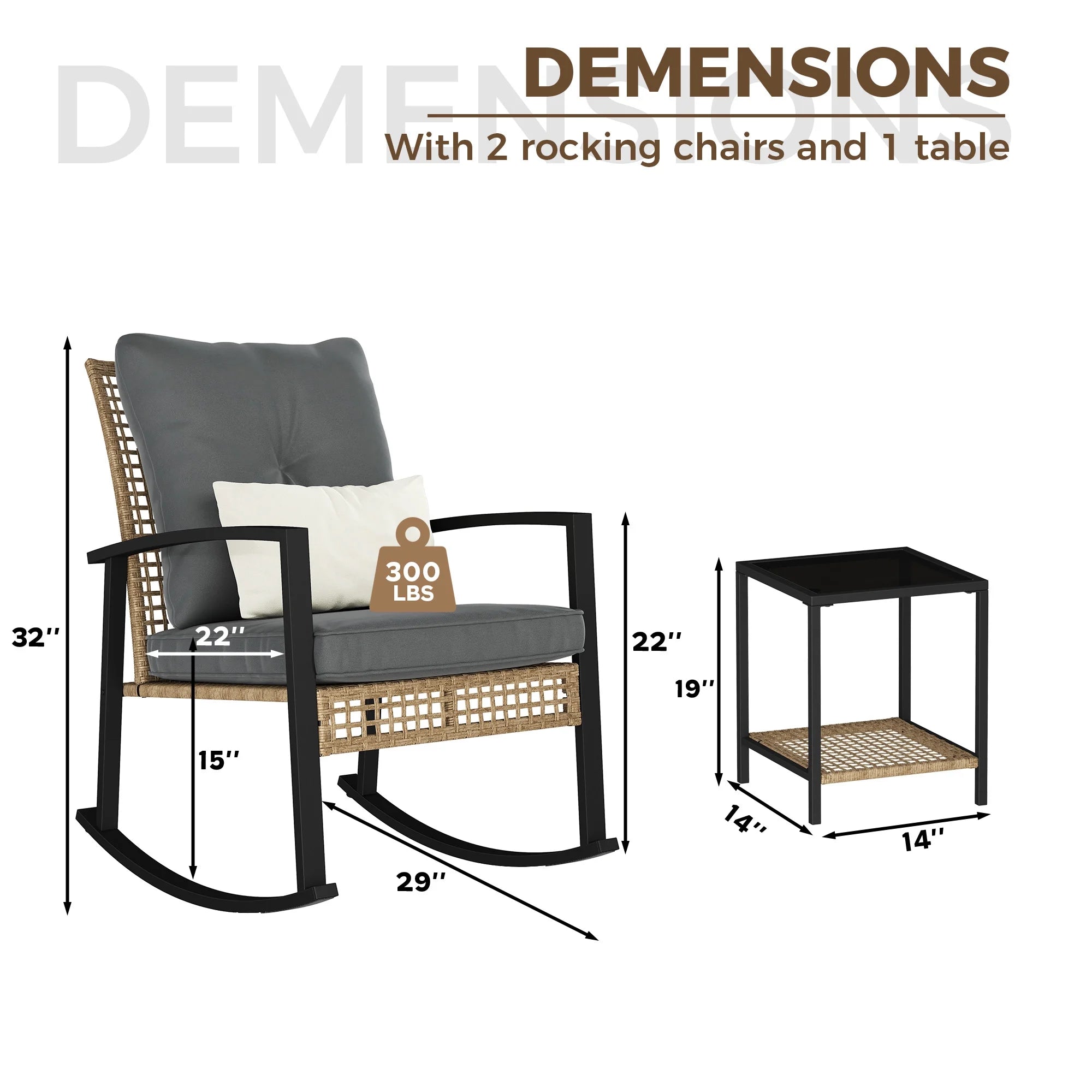 LAZZO 3 Pieces Patio Outdoor Conversation Set with Lumbar Pillows and Coffee Table, PE Wicker Rocking Chairs with Gray Cushions