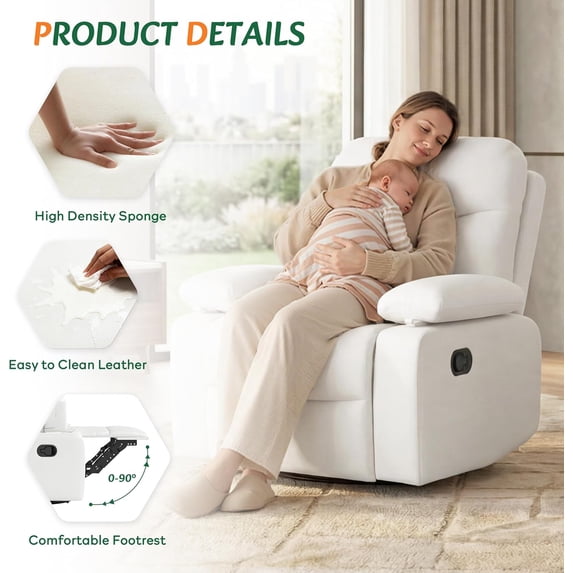 LAZZO Recliner Chair with Adjustable Armrests, Oversized 360° Swivel Chair for Nursery & Living Room, White