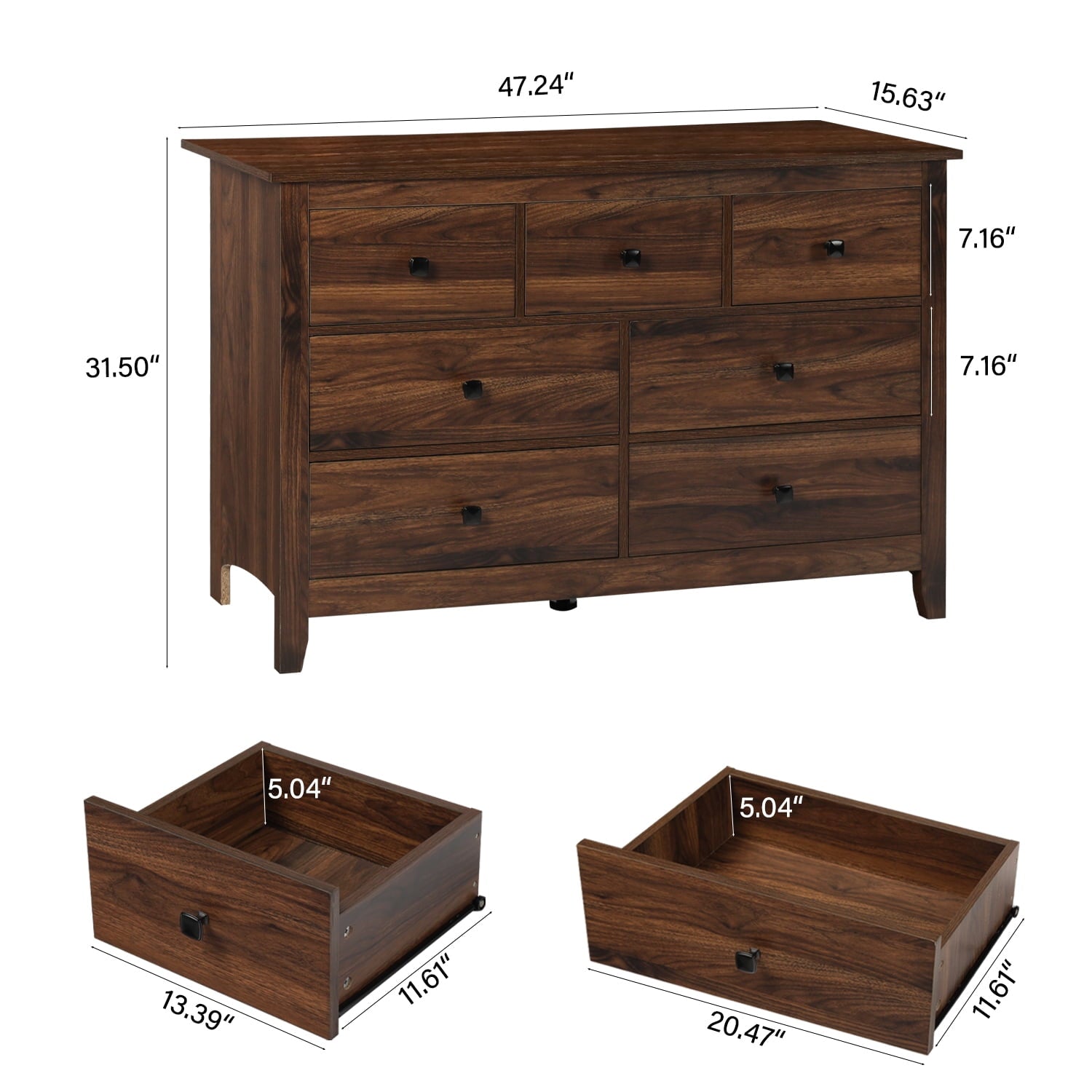 LAZZO 7-Drawer Dresser, Farmhouse Wooden Chest of Drawers for Bedroom Living Room and Hallway, Brown