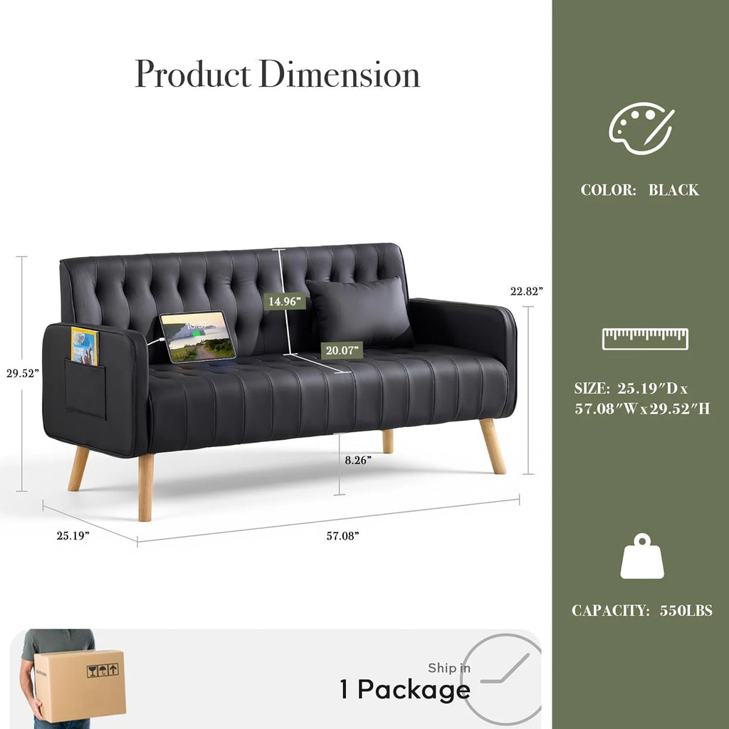 LAZZO 57" Mid-Century Modern Loveseat Sofa, Faux Leather Tufted Small Couch with USB Charging Ports & Pockets, Black